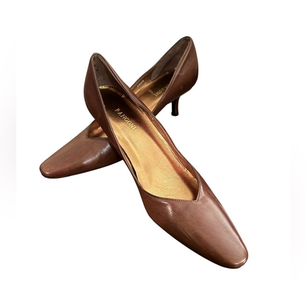 Rangoni Heels Size 7.5 AA Italian Leather Brown Narrow Kitten Heel Office